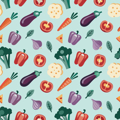 Colorful vegetable pattern featuring tomatoes carrots broccoli and eggplants