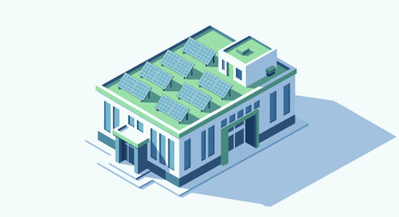 Isometric illustration of a building with solar panels and a green roof, representing sustainability, clean energy, and ecological design. Ideal for green tech or environmental projects.