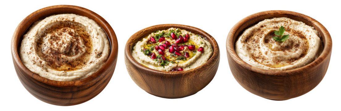 Set of Mutabbal creamy baba ganoush roasted eggplant puree with tahini and lemon garnished with parsley and olive oil on white