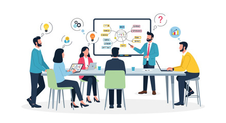 Obraz premium Business meeting with team discussing strategy on whiteboard.