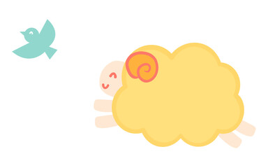 笑顔でジャンプする黄色の羊と青い鳥の可愛いイラスト。ポップな動物キャラクター。2027年未年素材