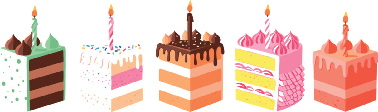 Birthday cake slice collection colorful dessert pieces with candles vector illustration sweet celebration set