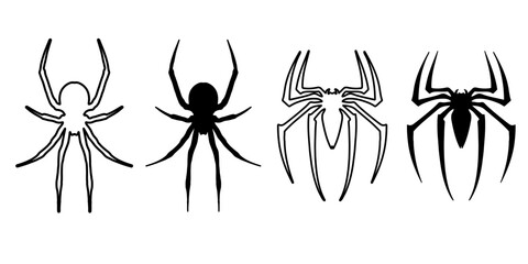 Spider icon set featuring black silhouette and thin line art versions of various arachnid species for Halloween decoration, pest control branding, and predatory insect concepts. © AnupKumar