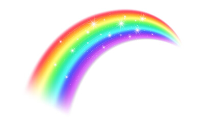 Magic PNG rainbow with sparkles and glowing stars isolated on transparent background. Vibrant colorful arc overlay with glitter effect for fairy tale design, nursery decor and festive greeting cards. © Kolerowa