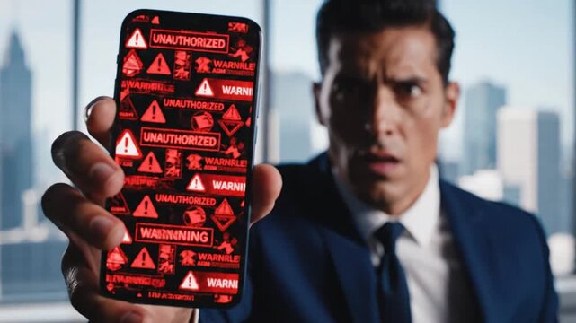 Cinematic slow motion of a professional businessman receiving multiple fraudulent scam and spam security alerts on a mobile smartphone with a red warning notification display