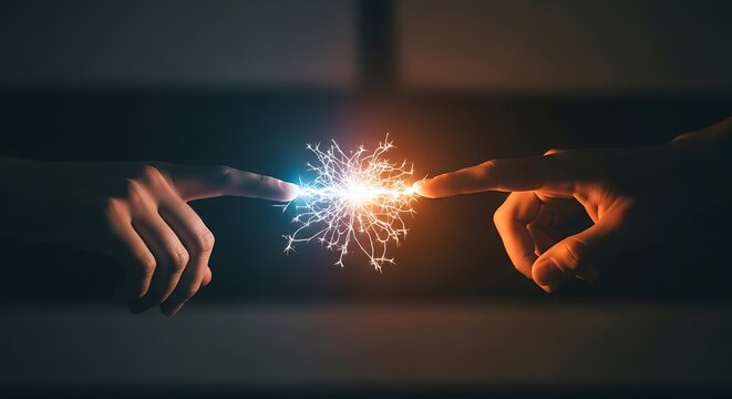 Two hands touching with electric spark between fingers