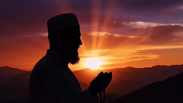 Silhouette of a man praying with hands raised at sunset