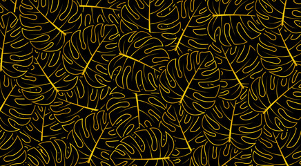 Fototapeta premium Luxury tropical leaf seamless pattern black with golden lines background 
