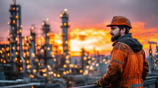 A worker in protective gear stands on a platform, gazing at a vibrant sunset illuminating an oil refinery filled with numerous glowing lights. The atmosphere reflects hard work and industry.