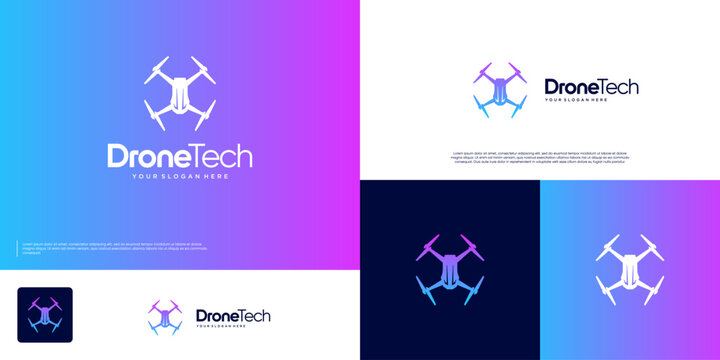 Modern technology logo with drone concept, remote control, flight, vector graphic illustration.