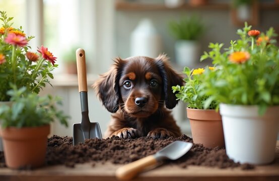 Cute brown puppy peeks from soil surrounded by potted flowers and gardening tools. This playful dog seems ready for planting and digging in a home garden setup.