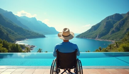 Obraz premium Person in wheelchair enjoys scenic ocean view by infinity pool. Relaxing by blue water mountains and clear sky. Serene vacation on sunny day.