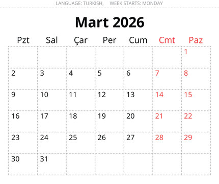 2026 Turkish March Mart calendar layout. Vector monthly planner page Turkey