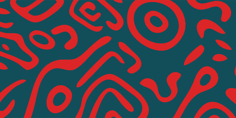 Fototapeta premium Abstract Red Organic Lines and Circles on Teal Background.