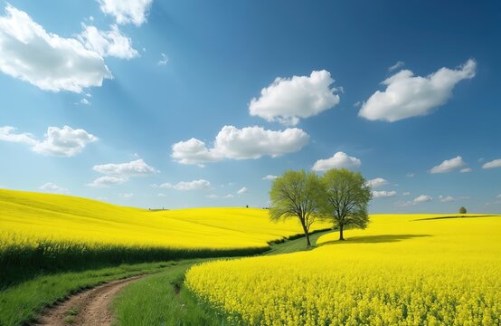 Vast yellow rapeseed field under bright blue sky with white clouds. Rolling hills and green grass border dirt path leading through blooming countryside. Two trees stand tall amid vibrant scenery.