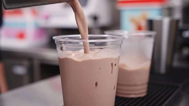 Refreshing chocolate shake being poured into a clear plastic cup, showcasing its rich, creamy texture and inviting color. A close-up shot capturing the delicious beverage, perfect as a sweet treat