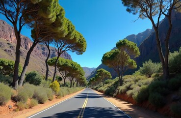 Paved mountain road lined with green trees under clear blue sky. Rocky cliffs border the scenic drive through a dry canyon landscape. Sunny weather perfect for road trip adventures.