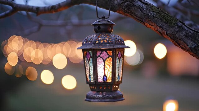 Stained glass lantern hanging from tree branch with blurred lights in the background, creating