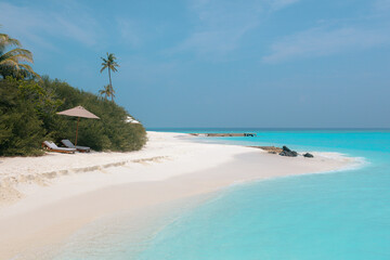 Fototapeta premium Vacation summer holidays leisure background - sunny tropical Caribbean paradise resort beach with white sand, lounger, palms on Maldive