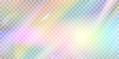 Rainbow blurred refraction overlay effect. Colorful light lens prism on transparent background. Holographic reflection, iridescent crystal flare leak shadow overlay. Vector abstract illustration. © Elena