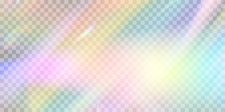 Rainbow blurred refraction overlay effect. Colorful light lens prism on transparent background. Holographic reflection, iridescent crystal flare leak shadow overlay. Vector abstract illustration.