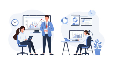 Naklejka premium Business professionals collaborating in modern office environment analyzing data.