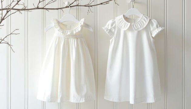 Two white baby dresses with delicate ruffles and collars hang on hangers. Minimalist studio shot of infant apparel against a paneled wall. A tree branch adds a natural element.
