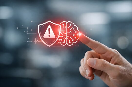 Hand touching digital brain with warning shield for cyber threat protection