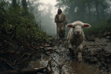 Naklejka premium Jesus walkinh through a misty forest, approaching a baby lamb in the muddy morning landscape.