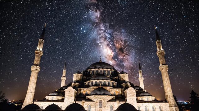 A grand stone structure with domes and minarets silhouetted against a night sky filled with stars