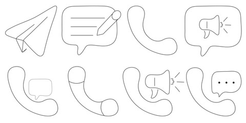 Obraz premium Communication icons set paper plane, message, phone handset, and megaphone outlines