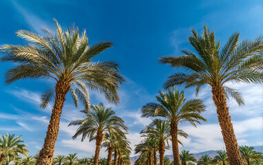 Fototapeta premium Tropical palm or date trees sway under a vibrant blue sky in this sunny Caribbean island paradise perfect for summer vacation and exotic nature travel