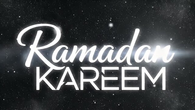Ramadan Kareem animated text with sparkling stars and nebulae, spiritual Islamic greeting for holy
