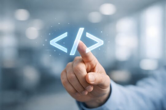 Developer hand touching coding icon for software development and web programming