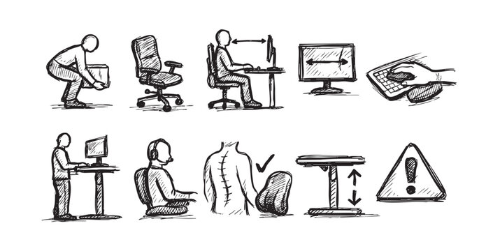 Hand-drawn sketch illustration of workplace ergonomics showing correct posture, lifting, monitor height, and safety checklist. For presentations, HR, training, or health and safety materials.