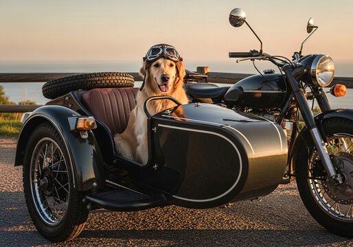 Golden Retriever dog wearing aviator goggles in a motorcycle sidecar at sunset.