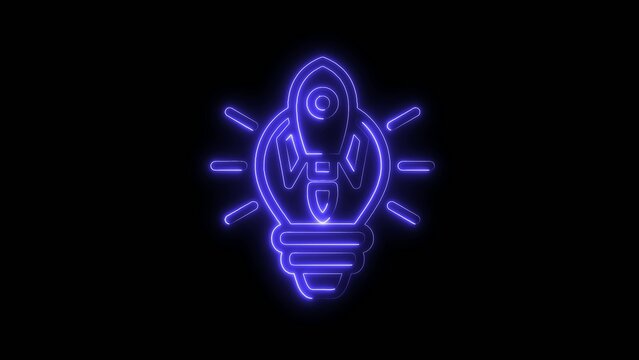 Purple neon rocket ship inside light bulb on icon black background image