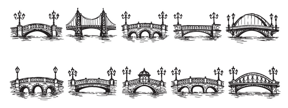 A set of 10 different bridges with lamp posts. Vector illustration with black outline sketch design isolated on white background. Good for travel, design, logo elements.