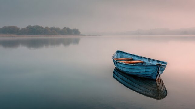 Gentle boat resting in misty morning scene, Tranquil boat floating peacefully amidst colorful morning fog, Silent vessel drifting softly through vibrant mist during sunrise on calm water