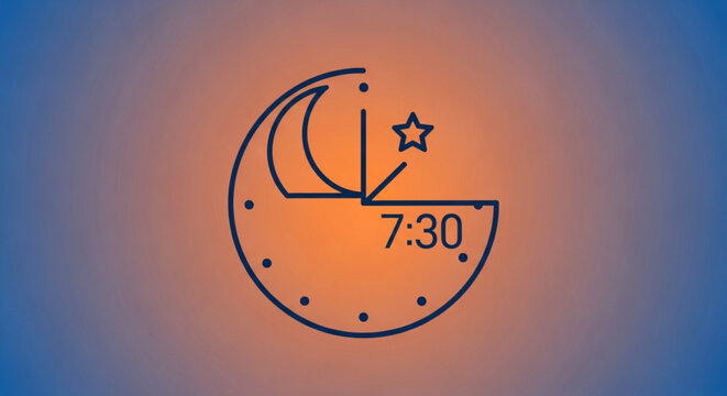 Moon phase clock showing 7 30 at night with star on orange blue background