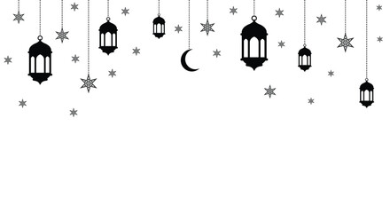 Minimalist Islamic banner with black hanging lanterns, stars, and crescent moon on a white background. Perfect for Ramadan or Eid greeting designs. © bibin