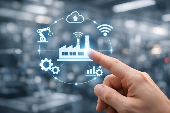 Touching smart factory and industry 4.0 icons for industrial automation