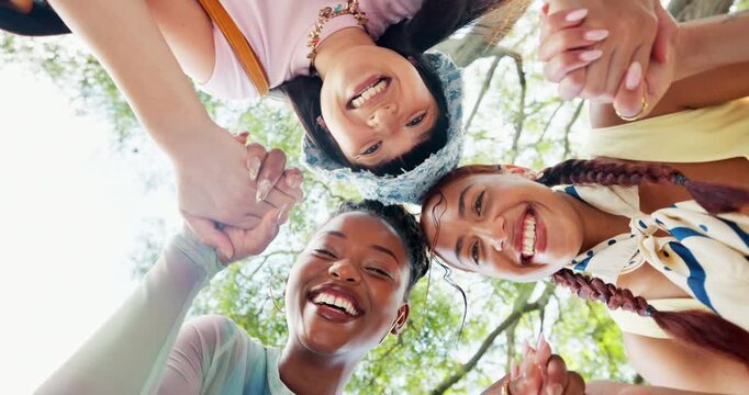 Outdoor, face or university student with smile for circle, education solidarity or teamwork for learning. Campus friends, below or women with support for college scholarship, laugh or holding hands