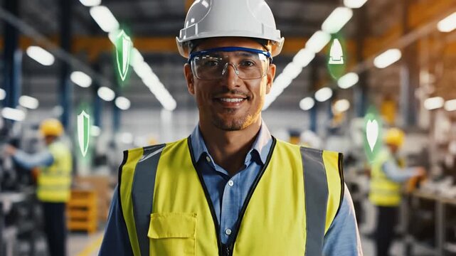 Cinematic slow-motion footage of a professional safety officer conducting an industrial inspection to ensure work compliance and security standards in a high-tech manufacturing facility environment.