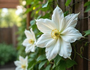 Fototapeta premium White clematis flower blooms on a vine climbing a wooden garden fence. Delicate petals and yellow stamens are visible. Green leaves and soft bokeh background.
