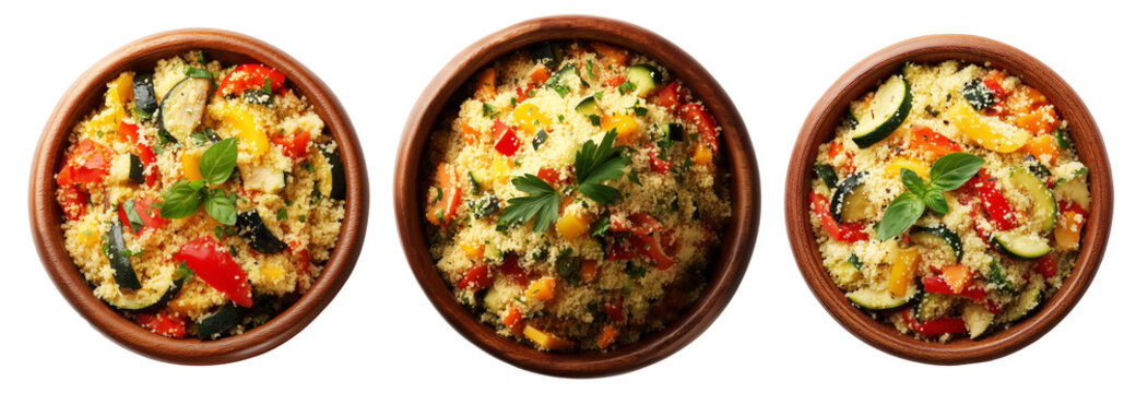 Set of Wooden bowl filled with fluffy couscous, roasted zucchini, peppers, carrots, and herbs on white transparent background