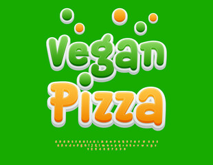 Naklejka premium Vector Joyful flyer Vegan Pizza. Artistic Yellow Font. Creative set of Alphabet Letters, Numbers and Symbols