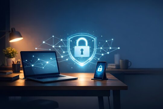 Laptop and phone with holographic padlock in home office