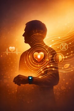 Longevity concept with heart and DNA icons around senior