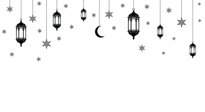 Minimalist Islamic banner with black hanging lanterns, stars, and crescent moon on a white background. Perfect for Ramadan or Eid greeting designs.